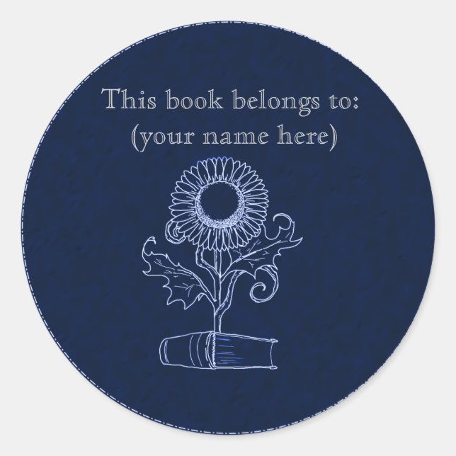 Flower and a book, blue classic round sticker (Front)