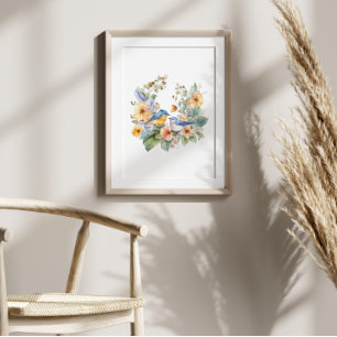 Flower and bird watercolor poster