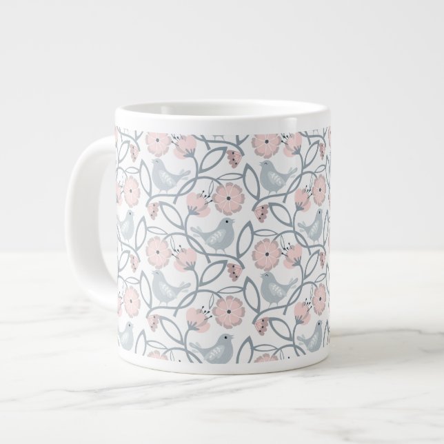 Flower and Birds Seamless Pattern Large Coffee Mug (Front Left)