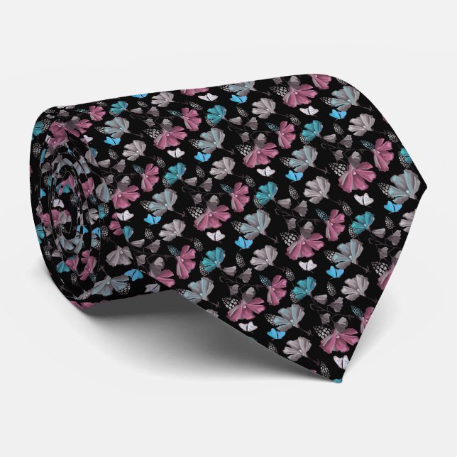 Flower and Butterflies Pattern  Tie (Rolled)