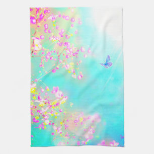Flower and butterfly floral cute spring blue pink kitchen towel