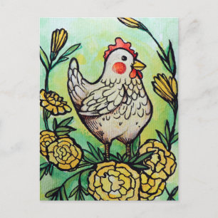 Flower and Chicken Illustration Chickens           Postcard