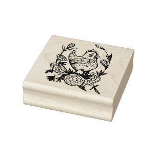 Flower and Chicken Illustration Chickens           Rubber Stamp