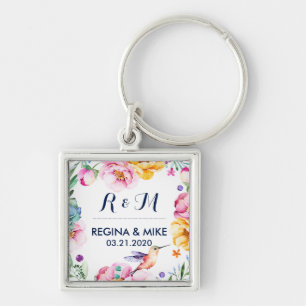 Flower and Floral Wreath Spring Wedding Monogram Keychain