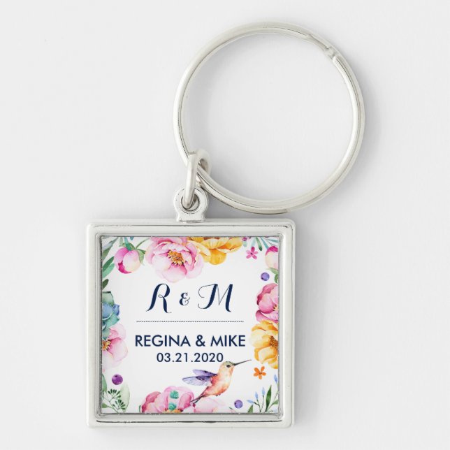 Flower and Floral Wreath Spring Wedding Monogram Keychain (Front)