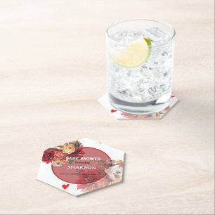 Flower and Heart Baby Shower Invitation Paper Coaster