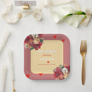 Flower and Heart Baby Shower Invitation Paper Plate