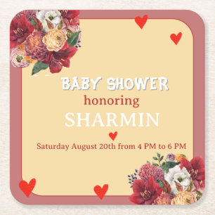Flower and Heart Baby Shower Invitation Square Paper Coaster