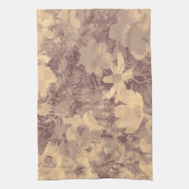 Flower and leaf camouflage pattern on beige kitchen towel (Vertical)