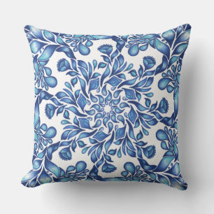 Flower and leaf mandala in blues throw pillow