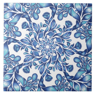 Flower and leaf mandala in blues tile
