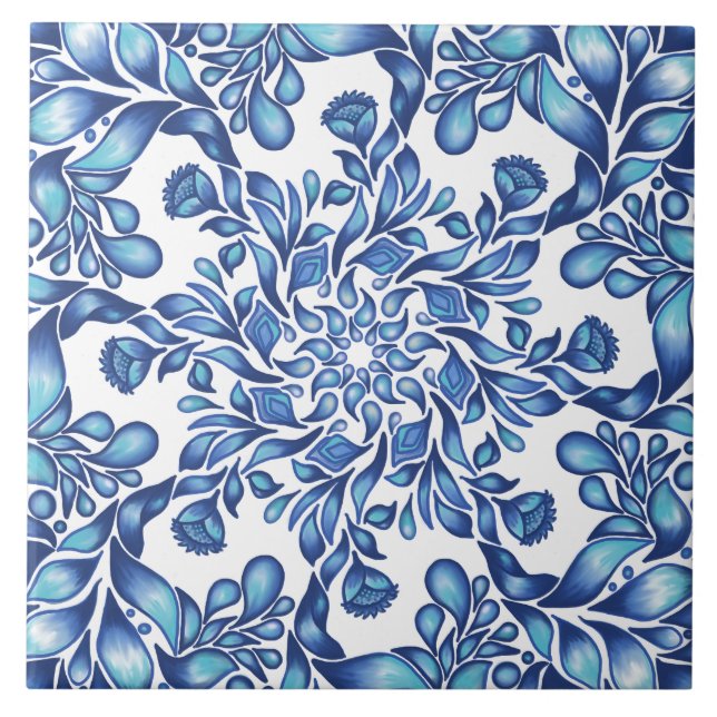 Flower and leaf mandala in blues tile (Front)