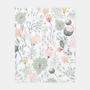 Flower and leaf pattern in tropical green and pink fleece blanket