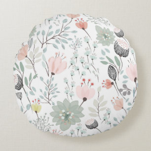 Flower and leaf pattern in tropical green and pink round pillow