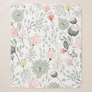 Flower and leaf pattern in tropical green and pink sherpa blanket