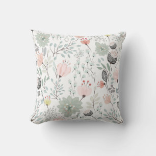 Flower and leaf pattern in tropical green and pink throw pillow