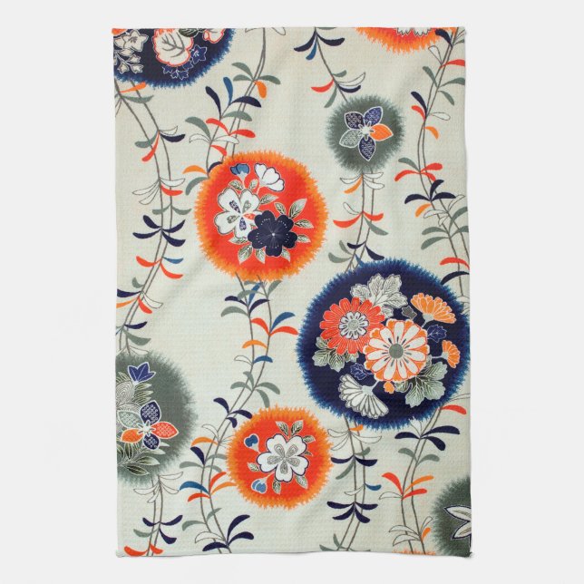 Flower and Leaf Pattern, Japanese Design Kitchen Towel (Vertical)