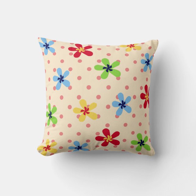 Flower and Polka Dot Pattern Throw Pillow (Front)