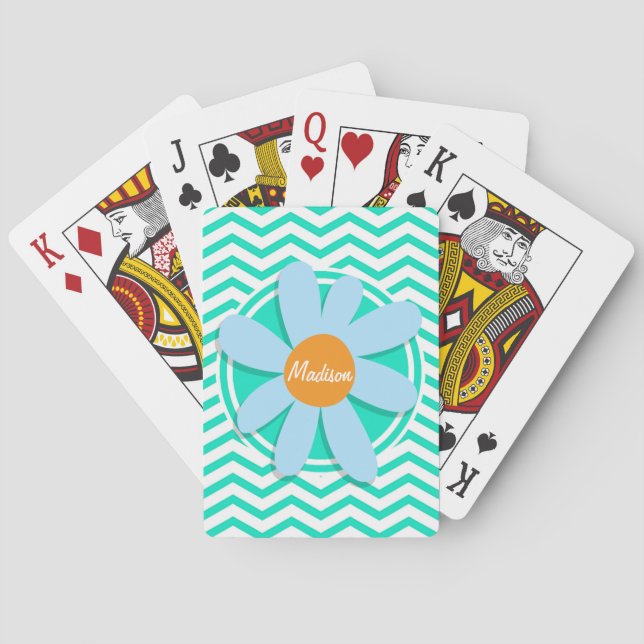 Flower; Aqua Green Chevron Playing Cards (Back)