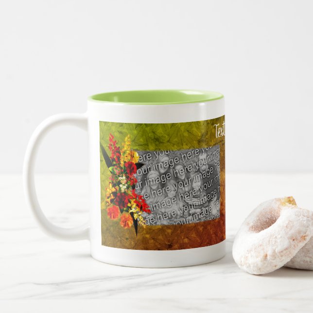 Flower Art Bouquet Frame Personalized Photo   Two-Tone Coffee Mug (With Donut)