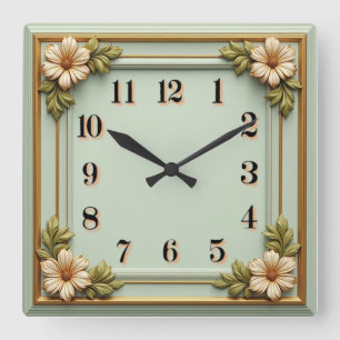 Flower Art Deco Mint Square Wall Clock