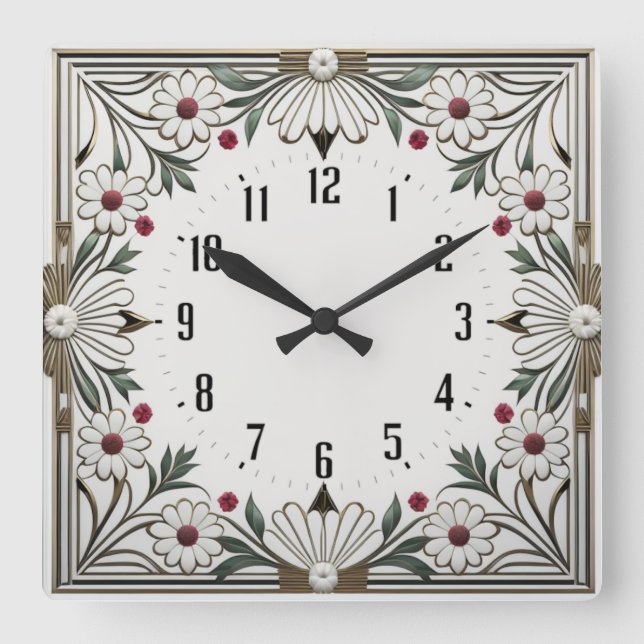 Flower Art Deco Square Wall Clock (Front)