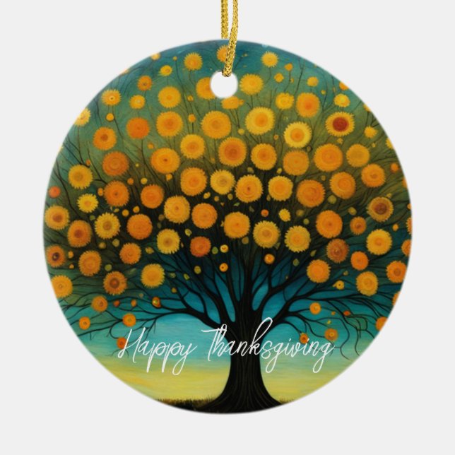 Flower Art Fall Tree Holiday Thanksgiving Card Ceramic Ornament (Front)
