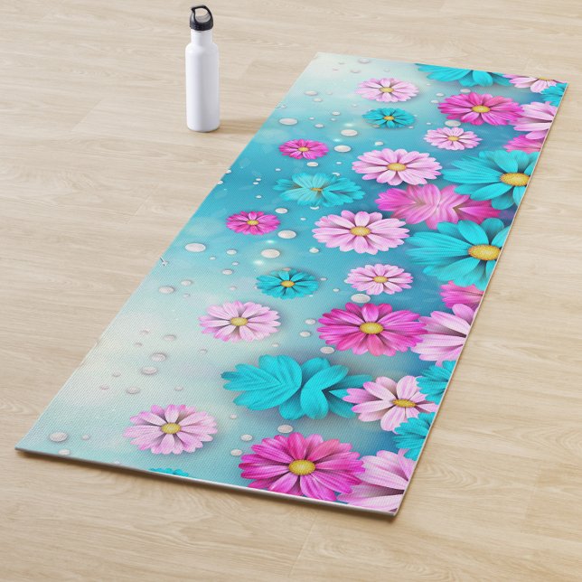 Flower Art Mind & Body Yoga Mat (A vibrant yoga mat adorned with colorful flowers in shades of pink and blue.)