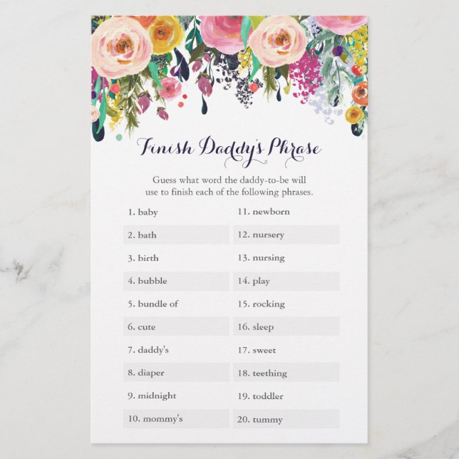 Flower Baby Shower Finish Daddy's Phrase Game (Front)