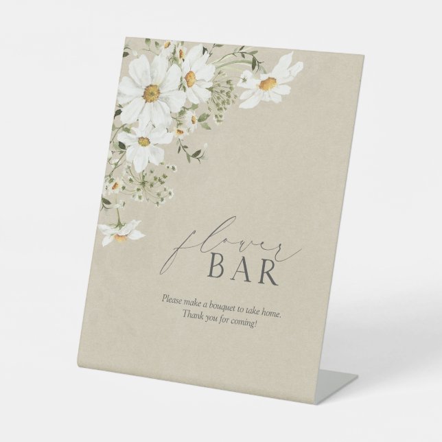 Flower Bar Rustic Watercolor Daisy Bridal Shower Pedestal Sign (Front)