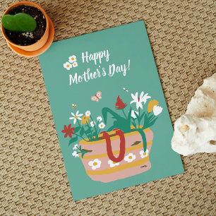 Flower Basket Happy Mothers Day text - green Card