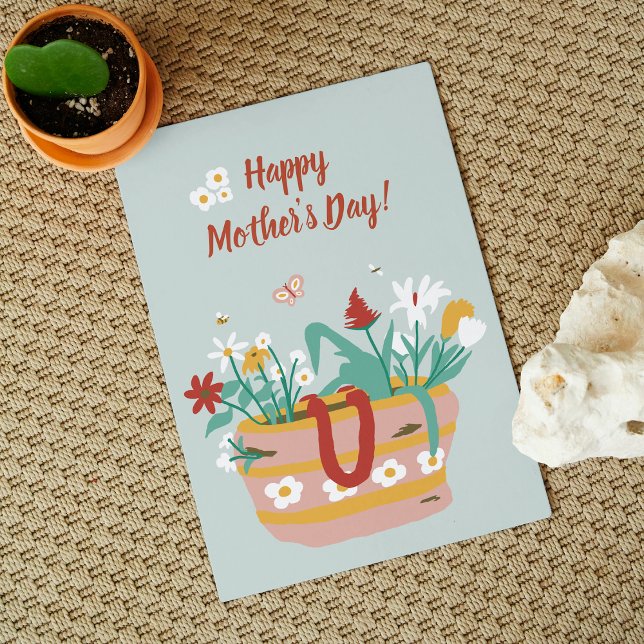 Flower Basket Happy Mothers Day text - light green Card (Creator Uploaded)