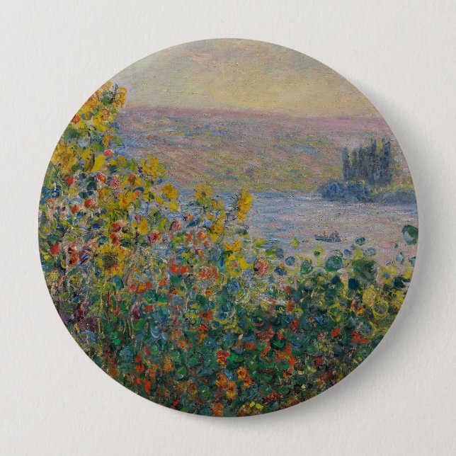 Flower Beds at Vétheuil, Impressionist Landscape 4 Inch Round Button (Front)