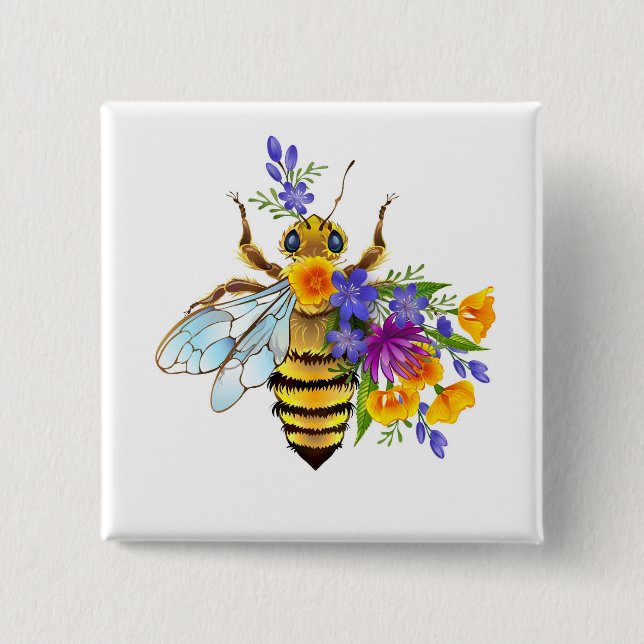 Flower bee with wild plants 2 inch square button (Front)