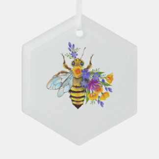 Flower bee with wild plants glass ornament