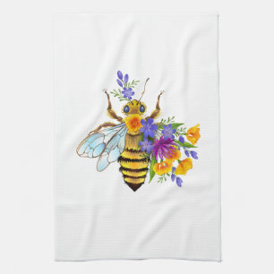 Flower bee with wild plants kitchen towel