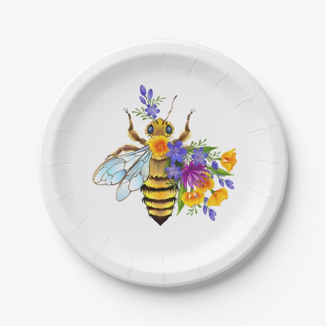 Flower bee with wild plants paper plate (Front)