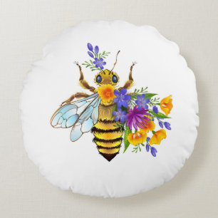 Flower bee with wild plants round pillow