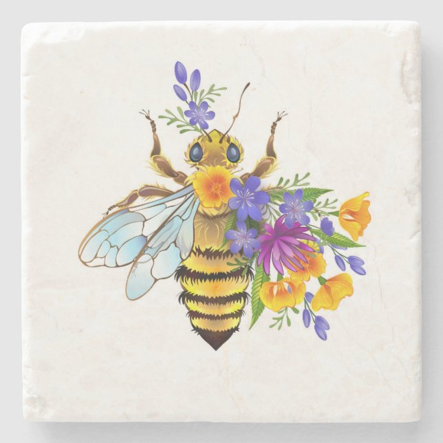 Flower bee with wild plants stone coaster (Front)