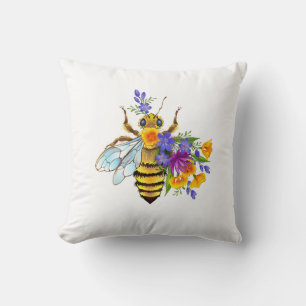 Flower bee with wild plants throw pillow