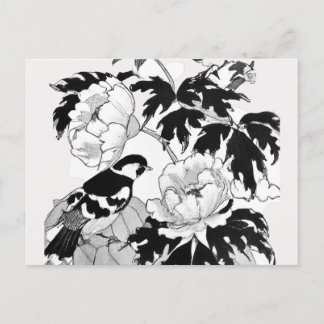 Flower Bird Black and White Postcard