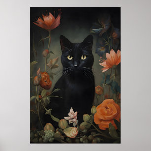 Flower Black Cat Print, Floral Lover Cat Poster