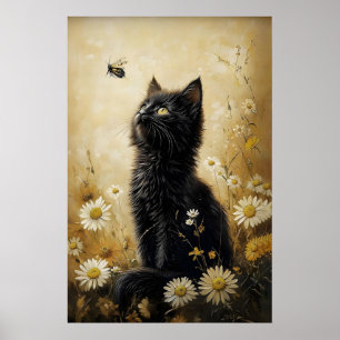 Flower black cat print, meadow cat vintage poster