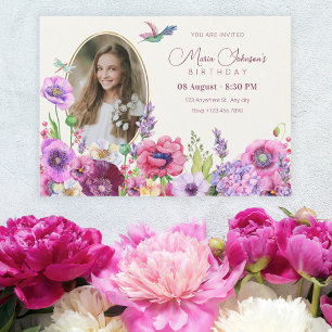 Flower bloom photo birthday invitation