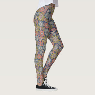 Flower Blooms & Blossoms in Coral, Blue & Green Leggings