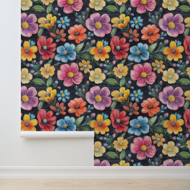 Flower Blossom Pattern Chalk Drawings Black Bckg Wallpaper (Application)