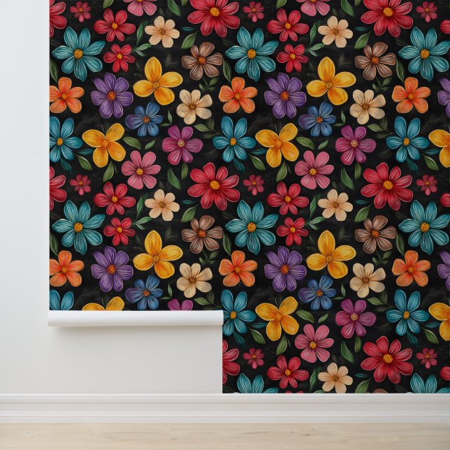 Flower Blossom Pattern Chalk Drawings Black Bckg Wallpaper (Application)