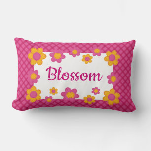 Flower blossom personalized pink fuchsia plaid lumbar pillow