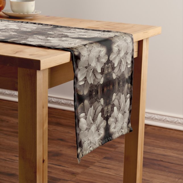 Flower Blossoms Black And White Abstract Tint  Short Table Runner (In Situ)