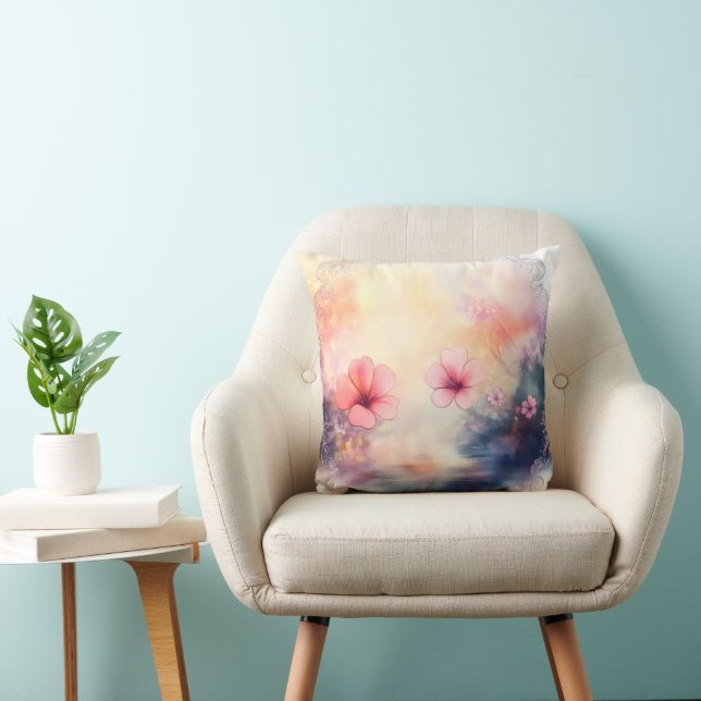 Flower Blossoms – Watercolor Square Throw Pillow (Chair)